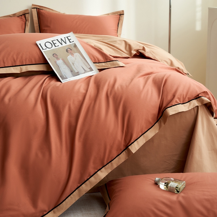 91家纺网 家纺一手货源 找家纺 小懒猪 2024新款全棉斜纹精梳棉双拼色拼角包边款四件套 拼角蜜棕红-茶棕