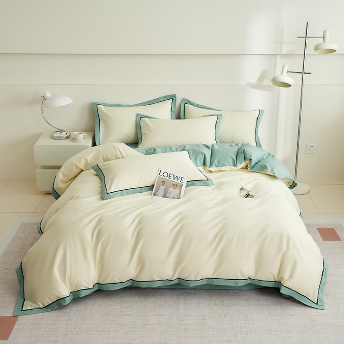 91家纺网 家纺一手货源 找家纺 小懒猪 2024新款全棉斜纹精梳棉双拼色拼角包边款四件套 拼角奶昔白-烟波绿