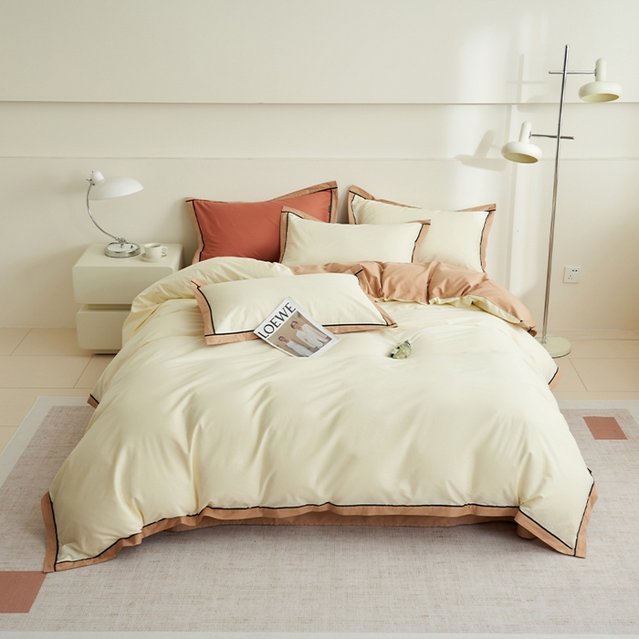 91家纺网 家纺一手货源 找家纺 小懒猪 2024新款全棉斜纹精梳棉双拼色拼角包边款四件套 拼角奶昔白-茶棕