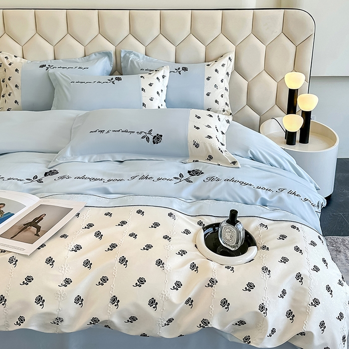 91家纺网 家纺一手货源 找家纺 梦舒羽 2025新款 莱赛尔天丝四件套-玫瑰之约 玫瑰之约-蓝