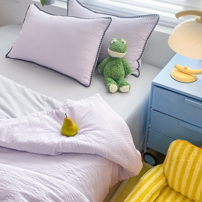 91家纺网 家纺一手货源 找家纺 羋多家纺 2024新款麻绳边纯色雨泡泡棉泡泡纱双层纱单夏被 香芋紫+雅士灰