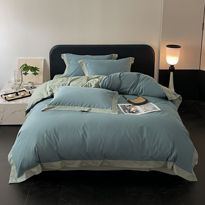 91家纺网 家纺一手货源 找家纺 金麦家纺 2024新款A类全棉水洗棉礼盒装纯色双拼系列四件套 宾利兰-繁星蓝