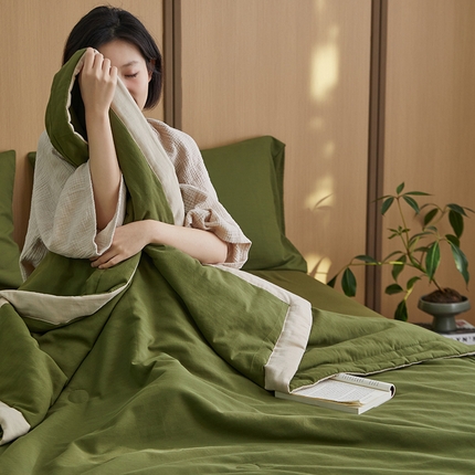 梦享生活家居 2024新款A类双层纱全棉提花大豆夏被 橄榄绿