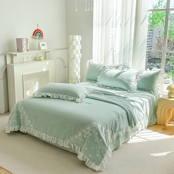 91家纺网 家纺一手货源 找家纺 唐人居 2025新款韩版花边泡泡纱夏被四件套--简爱  简爱 绿