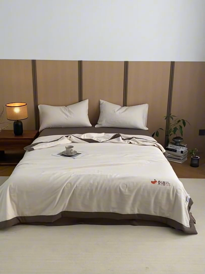 91家纺网 家纺一手货源 找家纺 梦享生活家居 2024新款A类双层纱全棉提花大豆夏被 奶咖