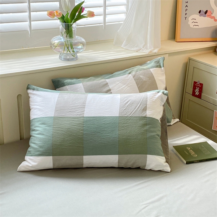 91家纺网 家纺一手货源 找家纺 盛秋家纺 2025新款亲肤格子水洗棉四件套 绿大格+明灰