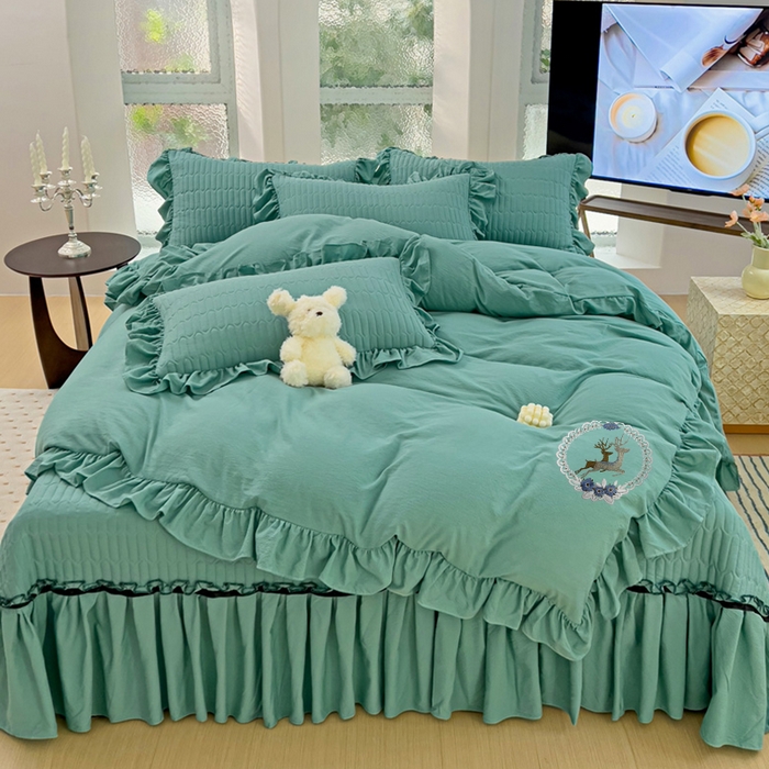 91家纺网 家纺一手货源 找家纺 言熙居家纺 2024新款亲肤床盖四件套-浪漫之约 浪漫之约宝石蓝