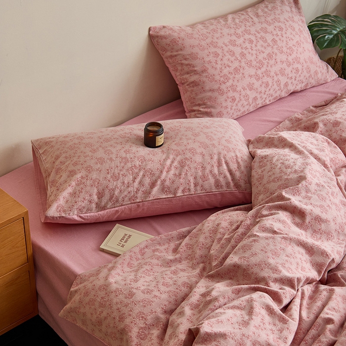 91家纺网 家纺一手货源 找家纺 原研家居 2024新款水洗棉提花系列四件套 繁花-红