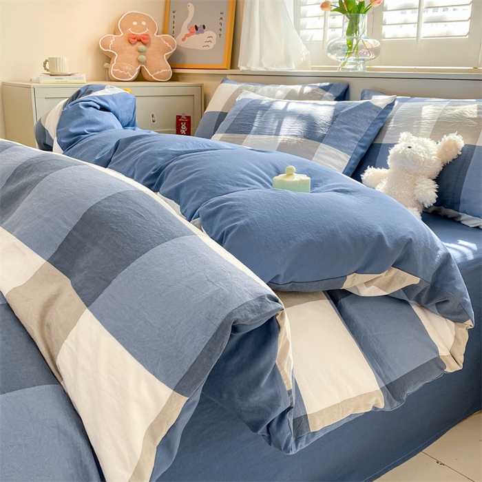 91家纺网 家纺一手货源 找家纺 盛秋家纺 2025新款亲肤格子水洗棉四件套 蓝大格+宾利蓝