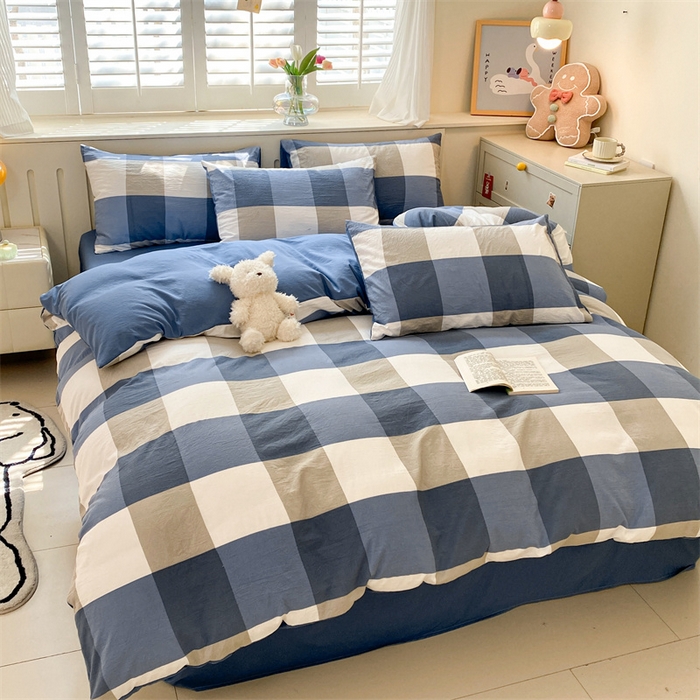 91家纺网 家纺一手货源 找家纺 盛秋家纺 2025新款亲肤格子水洗棉四件套 蓝大格+宾利蓝