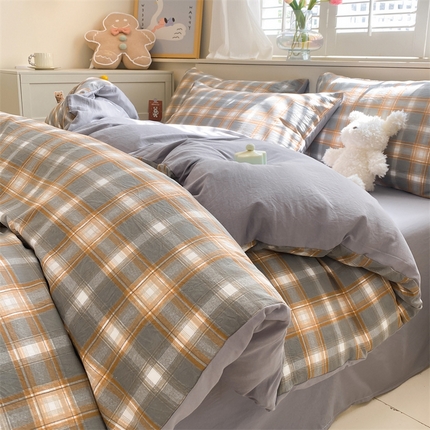 盛秋家纺 2025新款亲肤格子水洗棉四件套 洛卡+中灰
