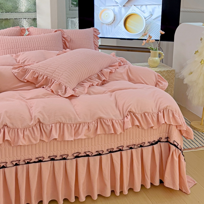 91家纺网 家纺一手货源 找家纺 言熙居家纺 2024新款亲肤床盖四件套-浪漫之约 浪漫之约浅粉