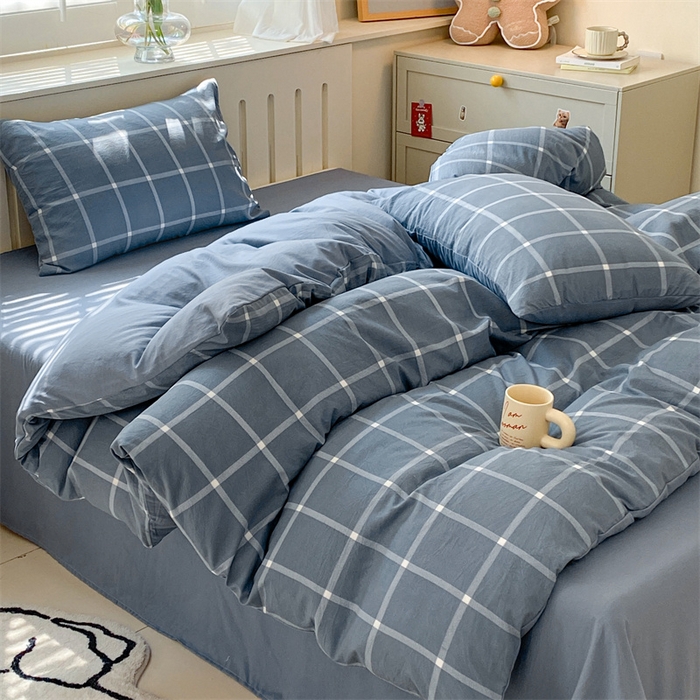 91家纺网 家纺一手货源 找家纺 （总）盛秋家纺 2025新款亲肤格子水洗棉条纹格子四件套【简约风】