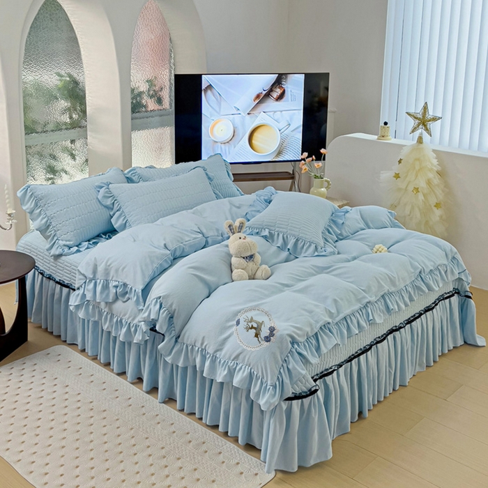 91家纺网 家纺一手货源 找家纺 言熙居家纺 2024新款亲肤床盖四件套-浪漫之约 浪漫之约天蓝