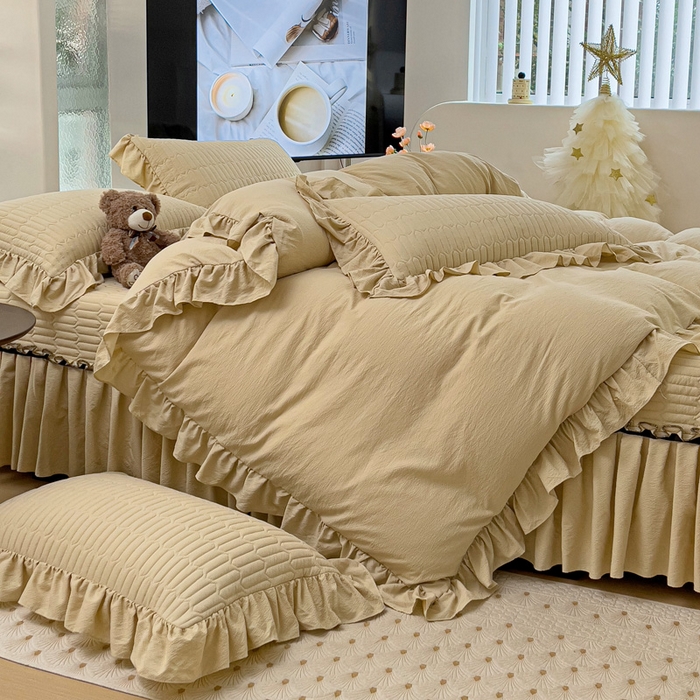 91家纺网 家纺一手货源 找家纺 言熙居家纺 2024新款亲肤床盖四件套-浪漫之约 浪漫之约卡其