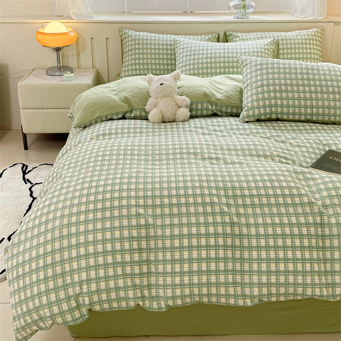 91家纺网 家纺一手货源 找家纺 盛秋家纺 2025新款亲肤格子水洗棉四件套 抹茶+果绿