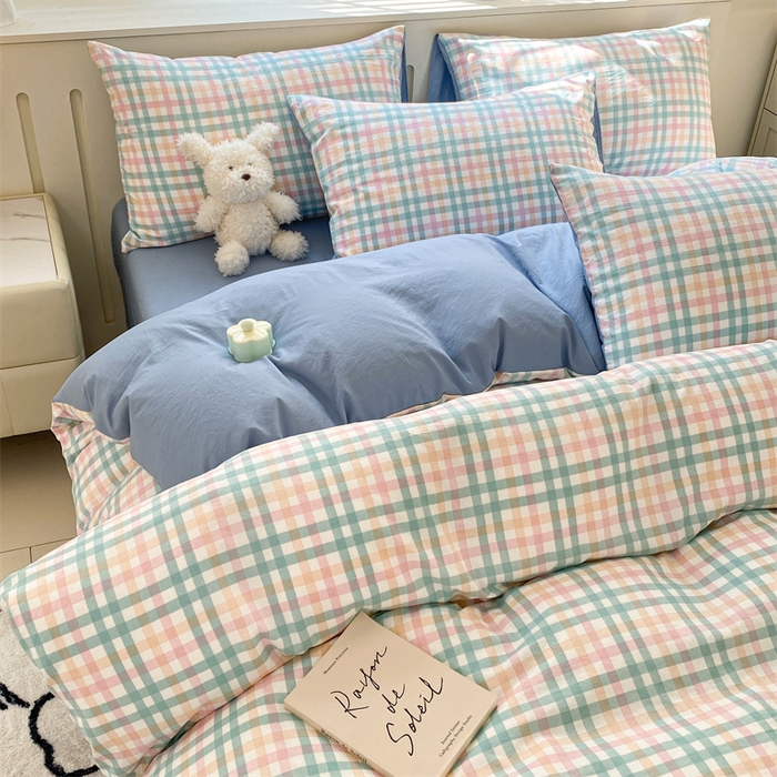 91家纺网 家纺一手货源 找家纺 盛秋家纺 2025新款亲肤格子水洗棉四件套 朵拉+海清