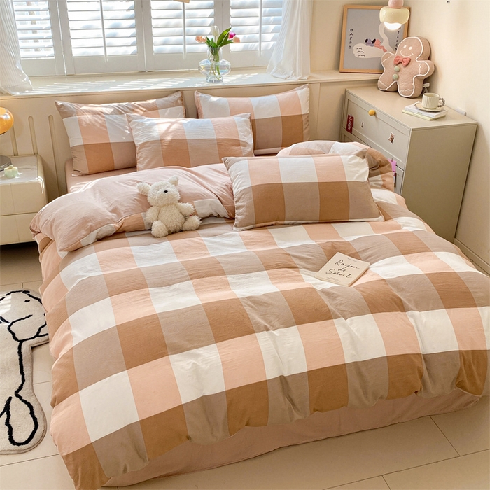 91家纺网 家纺一手货源 找家纺 盛秋家纺 2025新款亲肤格子水洗棉四件套 咖大格+奶茶