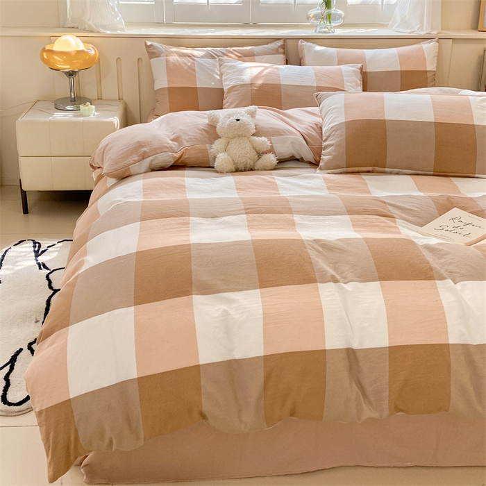 91家纺网 家纺一手货源 找家纺 盛秋家纺 2025新款亲肤格子水洗棉四件套 咖大格+奶茶