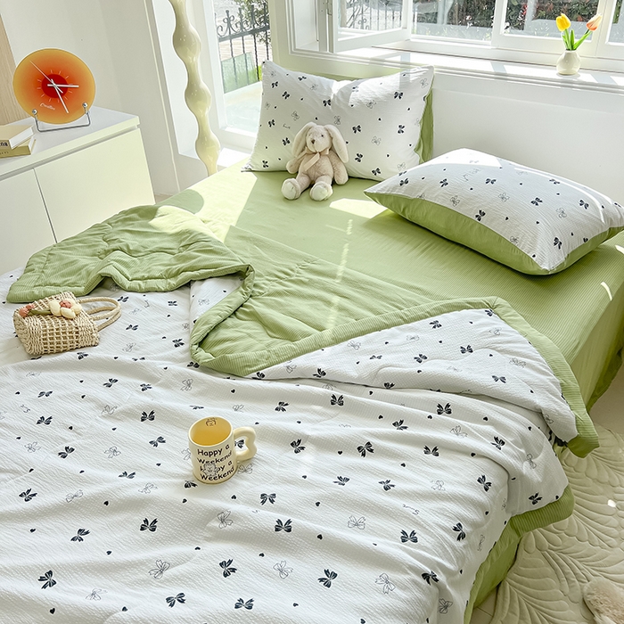 91家纺网 家纺一手货源 找家纺 安哆啦家纺 2024新款A类泡泡棉印花夏被四件套 蝴蝶结