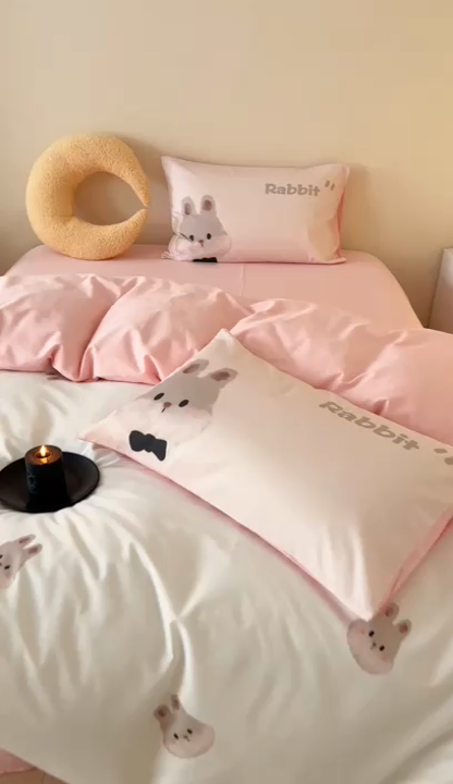 91家纺网 家纺一手货源 找家纺 美乐迪家纺 2024ins韩风全棉四件套 小兔子