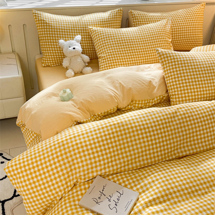 91家纺网 家纺一手货源 找家纺 盛秋家纺 2025新款亲肤格子水洗棉四件套 黄小格+云初黄