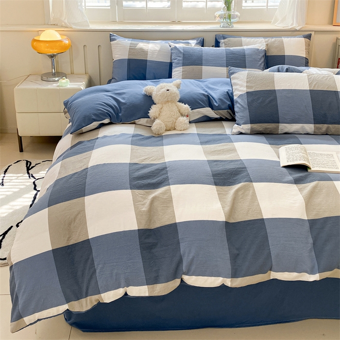 91家纺网 家纺一手货源 找家纺 盛秋家纺 2025新款亲肤格子水洗棉四件套 蓝大格+宾利蓝