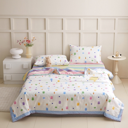 怡家居 2024新款全棉印花手包边夏被四件套 七彩小兔