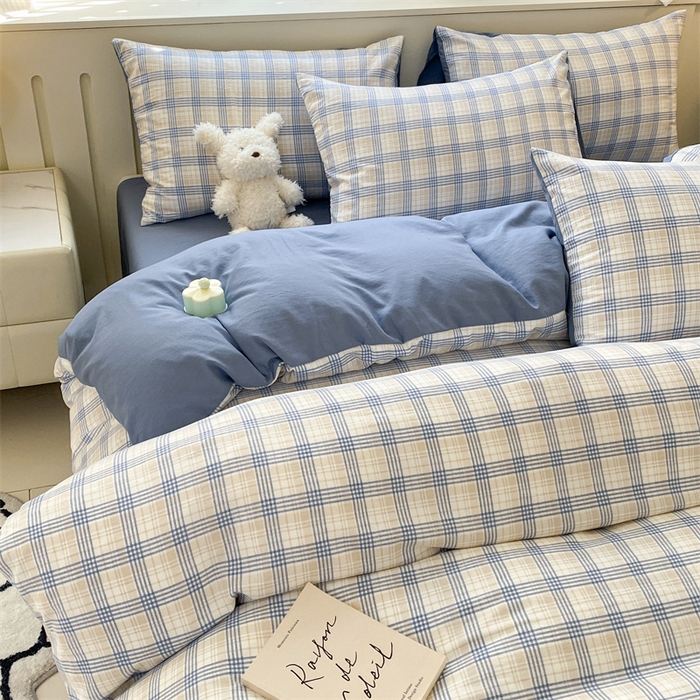 91家纺网 家纺一手货源 找家纺 盛秋家纺 2025新款亲肤格子水洗棉四件套 博克+蓝灰