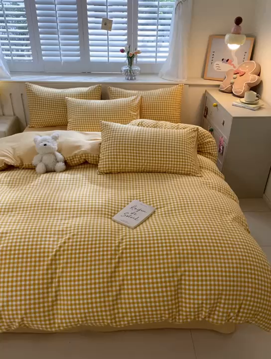 91家纺网 家纺一手货源 找家纺 盛秋家纺 2025新款亲肤格子水洗棉四件套 黄小格+云初黄
