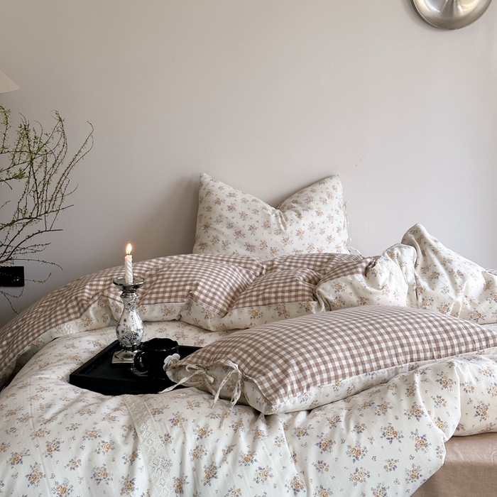 91家纺网 家纺一手货源 找家纺 旷野 2024双层纱碎花蕾丝拼接款四件套--柏林花事 柏林花事-奶咖