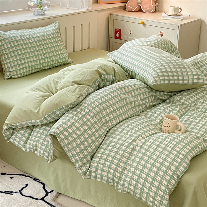 91家纺网 家纺一手货源 找家纺 盛秋家纺 2025新款亲肤格子水洗棉四件套 抹茶+果绿