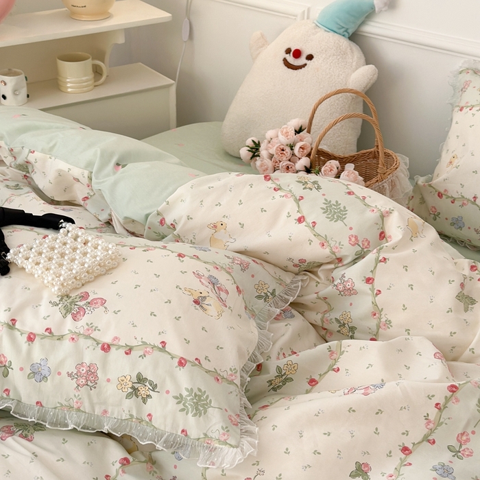 91家纺网 家纺一手货源 找家纺 （总）昔可家纺 2024新款全棉仙仙雪纺纱花边四件套