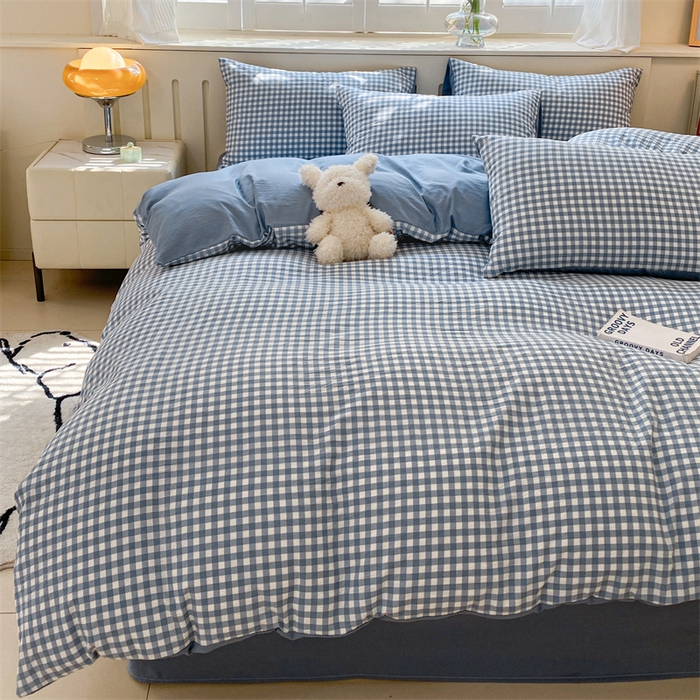 91家纺网 家纺一手货源 找家纺 盛秋家纺 2025新款亲肤格子水洗棉四件套 蓝小格+蓝灰