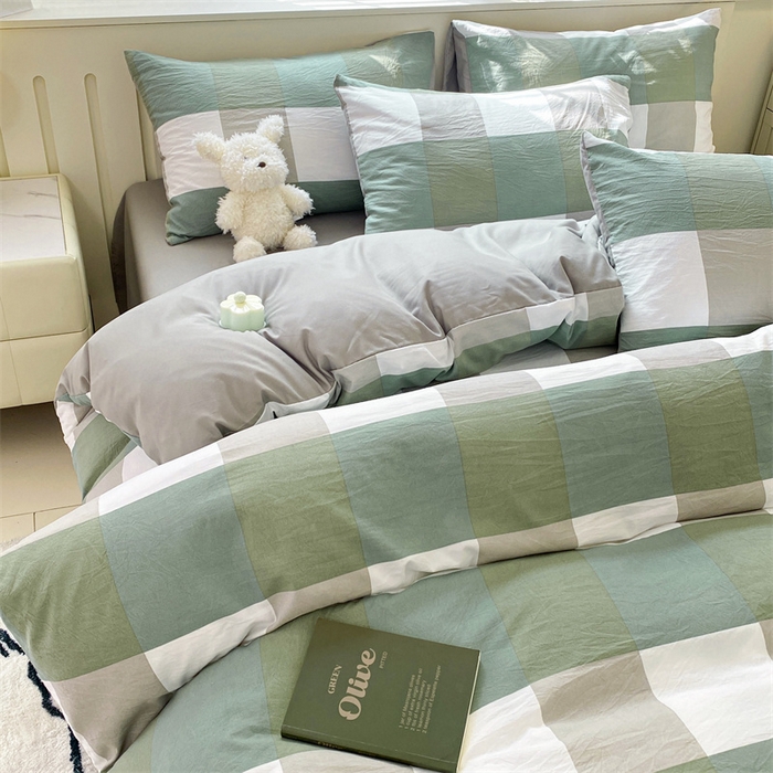 91家纺网 家纺一手货源 找家纺 盛秋家纺 2025新款亲肤格子水洗棉四件套 绿大格+明灰