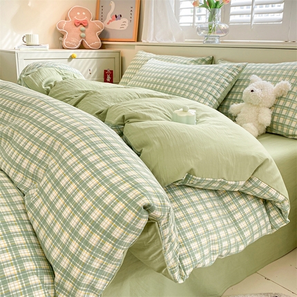盛秋家纺 2025新款亲肤格子水洗棉四件套 抹茶+果绿