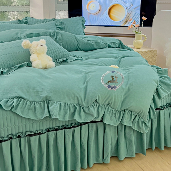 91家纺网 家纺一手货源 找家纺 言熙居家纺 2024新款亲肤床盖四件套-浪漫之约 浪漫之约宝石蓝