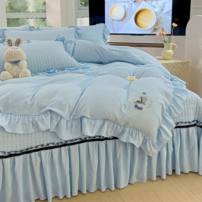 91家纺网 家纺一手货源 找家纺 言熙居家纺 2024新款亲肤床盖四件套-浪漫之约 浪漫之约天蓝