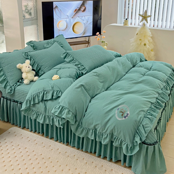 91家纺网 家纺一手货源 找家纺 言熙居家纺 2024新款亲肤床盖四件套-浪漫之约 浪漫之约宝石蓝