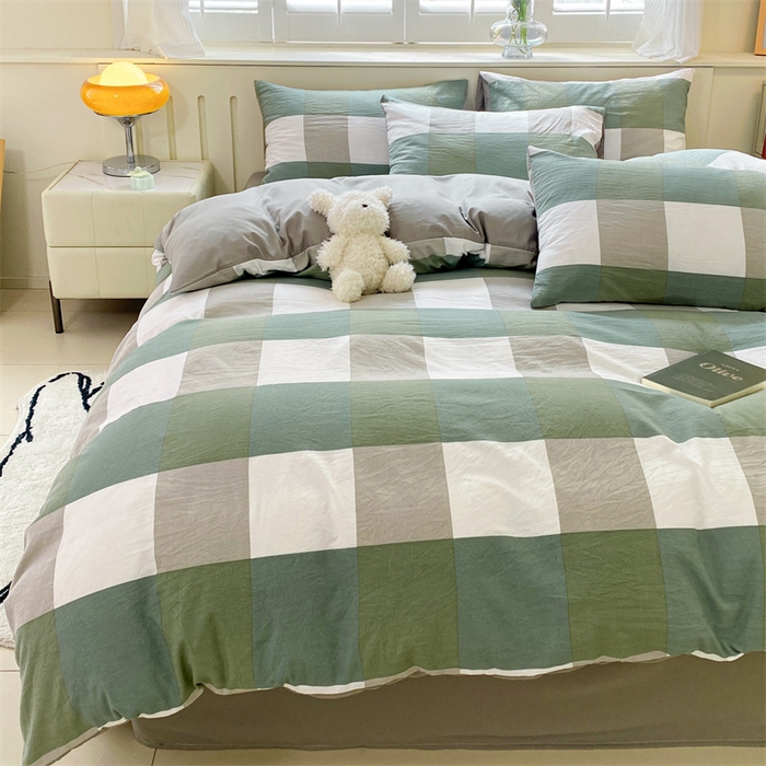 91家纺网 家纺一手货源 找家纺 盛秋家纺 2025新款亲肤格子水洗棉四件套 绿大格+明灰