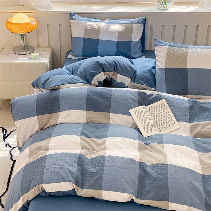 91家纺网 家纺一手货源 找家纺 盛秋家纺 2025新款亲肤格子水洗棉四件套 蓝大格+宾利蓝