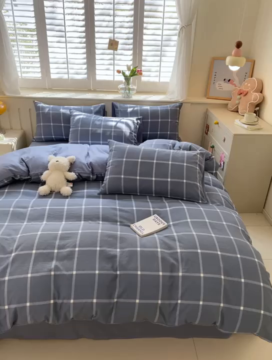 91家纺网 家纺一手货源 找家纺 盛秋家纺 2025新款亲肤格子水洗棉四件套 灰大格+蓝灰