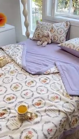 91家纺网 家纺一手货源 找家纺 安哆啦家纺 2024新款A类泡泡棉印花夏被四件套 圈圈熊