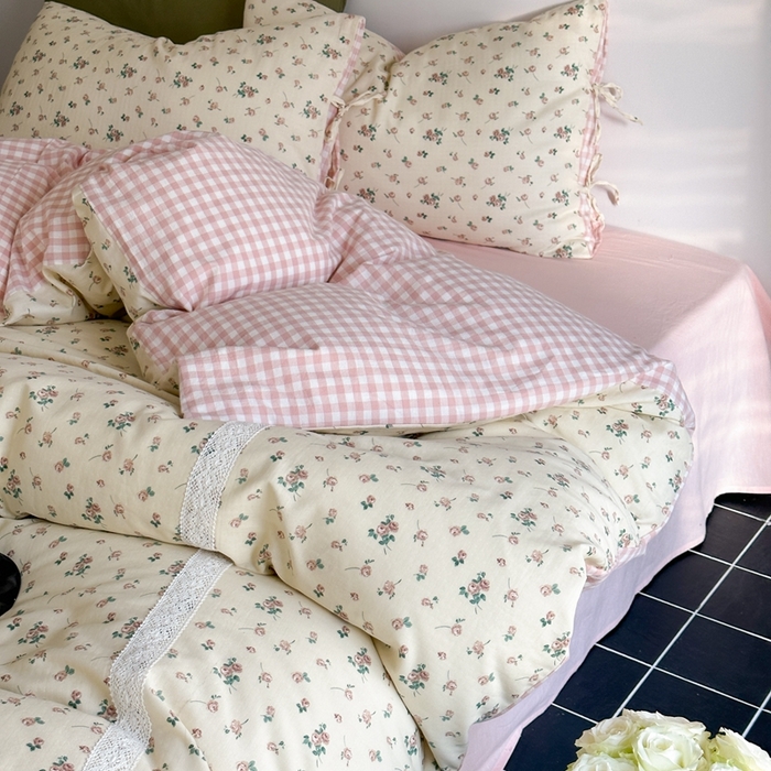 91家纺网 家纺一手货源 找家纺 （总）旷野 2024双层纱碎花蕾丝拼接款四件套--柏林花事