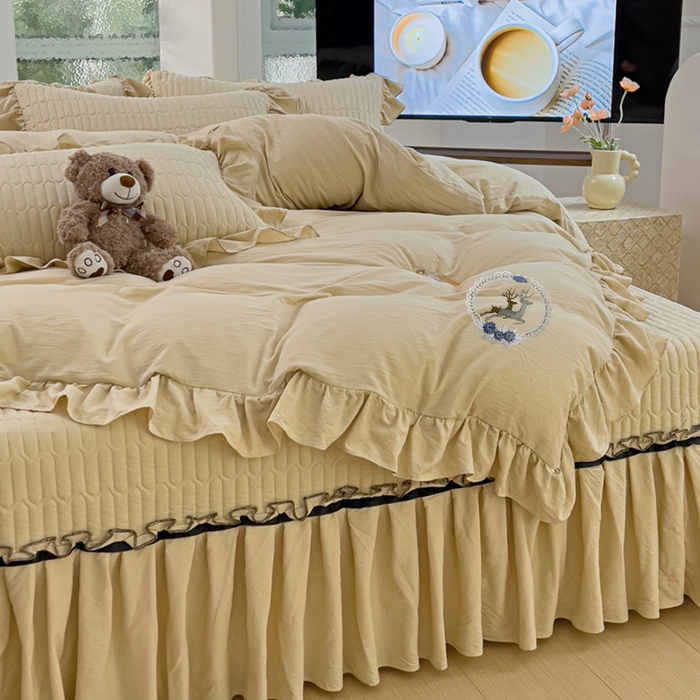 91家纺网 家纺一手货源 找家纺 言熙居家纺 2024新款亲肤床盖四件套-浪漫之约 浪漫之约卡其