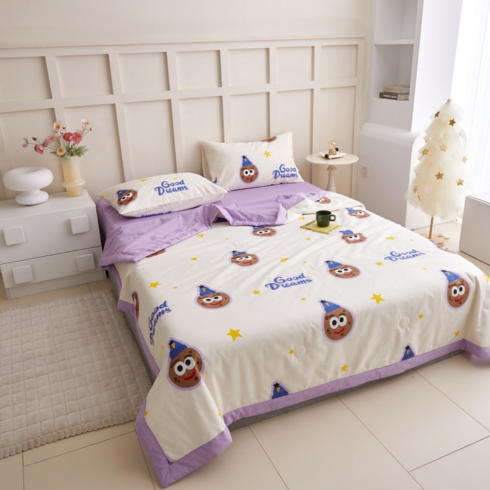 91家纺网 家纺一手货源 找家纺 怡家居 2024新款全棉印花手包边夏被四件套 微笑曲奇