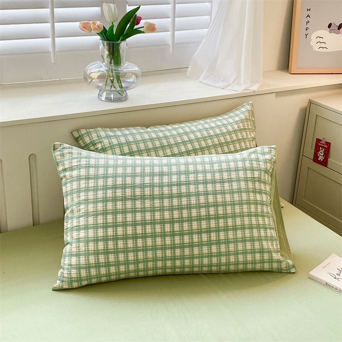 91家纺网 家纺一手货源 找家纺 盛秋家纺 2025新款亲肤格子水洗棉四件套 抹茶+果绿