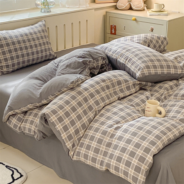 91家纺网 家纺一手货源 找家纺 盛秋家纺 2025新款亲肤格子水洗棉四件套 保罗+中灰