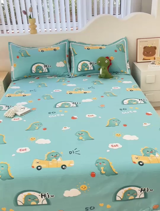 91家纺网 家纺一手货源 找家纺 鸿羽樱 2024新款鱼骨棉老粗布凉席三件套 恐龙日记