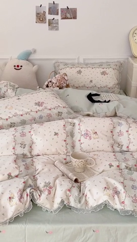 91家纺网 家纺一手货源 找家纺 （总）昔可家纺 2024新款全棉仙仙雪纺纱花边四件套